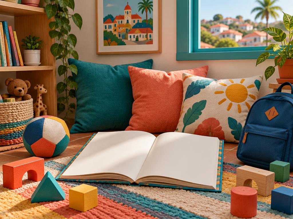 Livro aberto, bola e peças em um canto de leitura