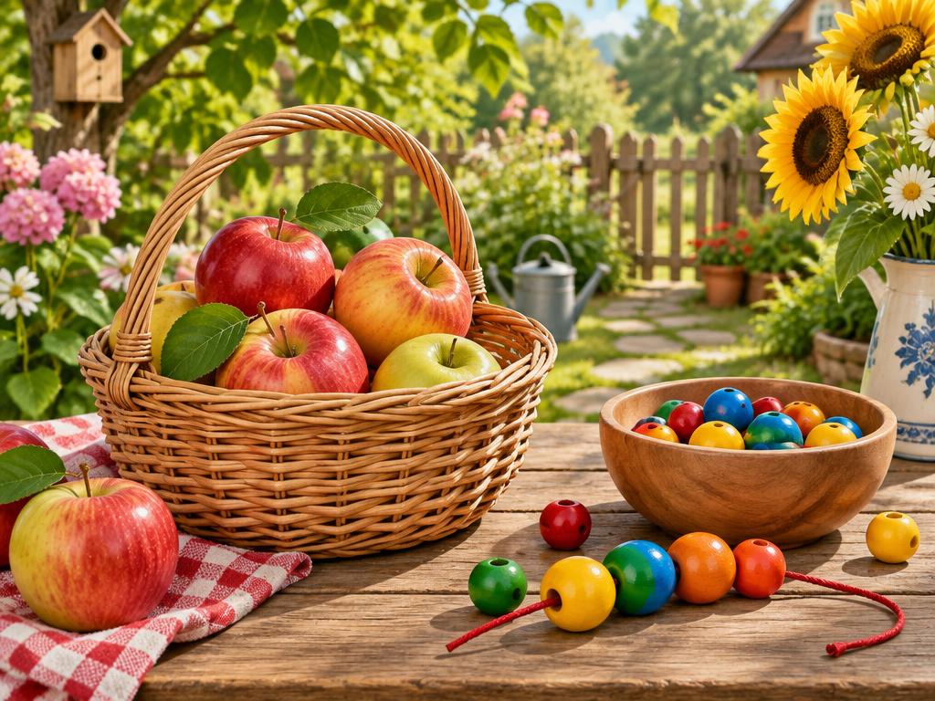 Cesta de maçãs e peças coloridas em um jardim